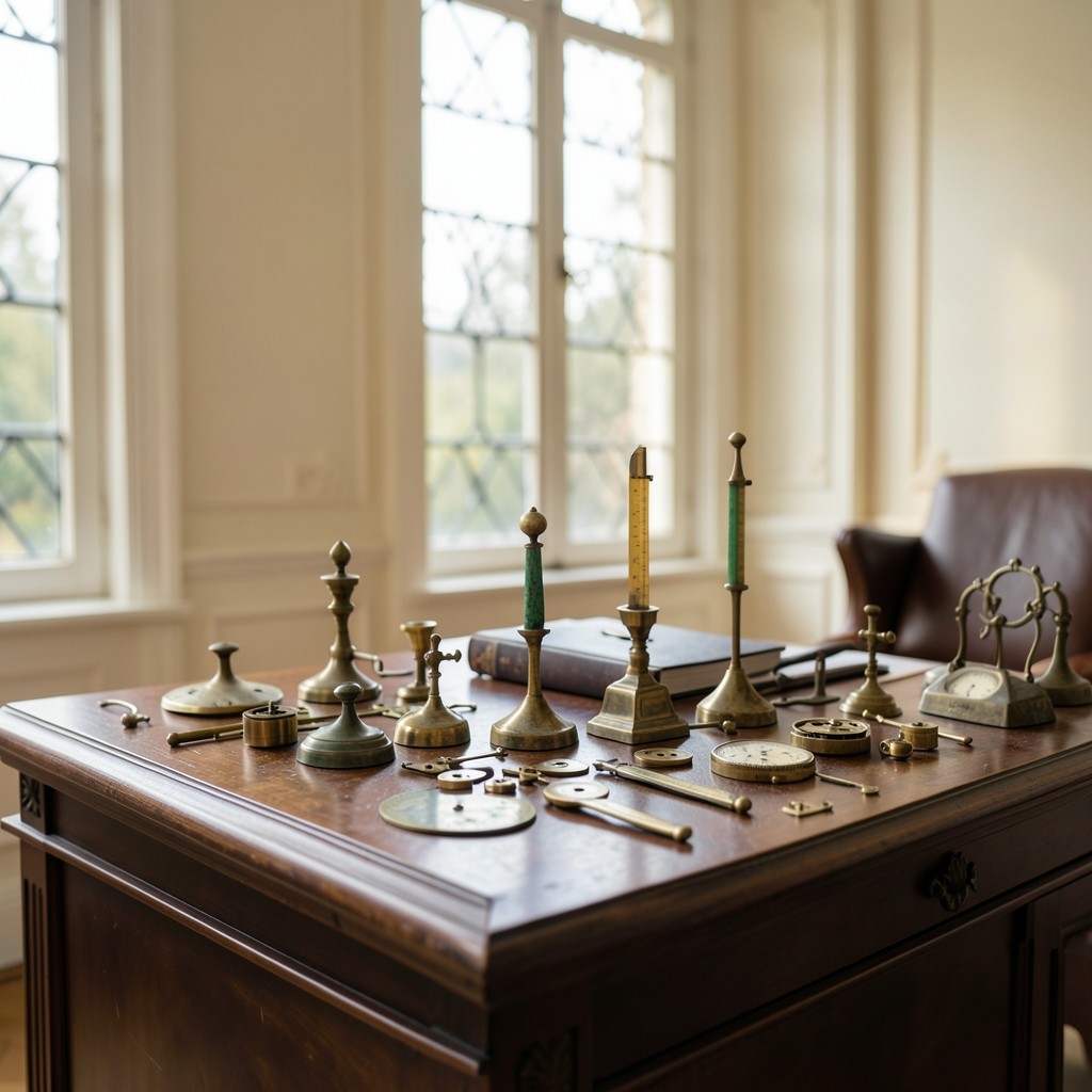 Cabinet de consultation juridique avec instruments de mesure en laiton sur un bureau en noyer