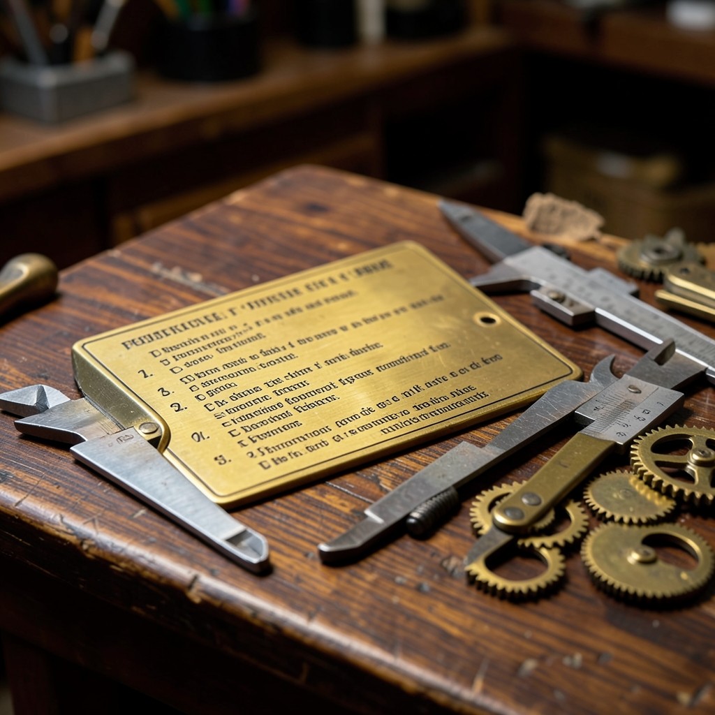 Plan de procédure gravé sur une plaque de laiton avec instruments de mesure